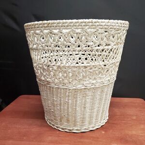 Vtg Wicker Cottagecore Basket WHITE Woven Shabby Chic Wastebasket Beach